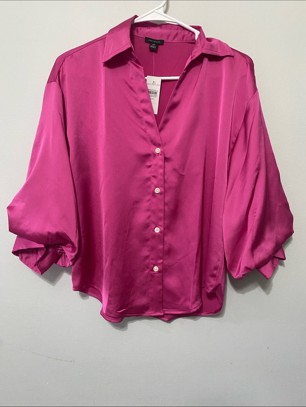 Ann Taylor Satin Button-Down Blouse in Fuchsia